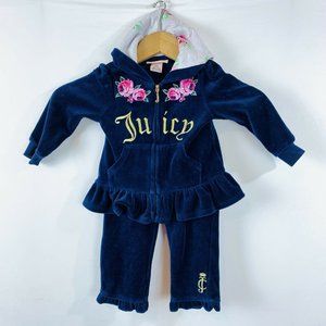 Juicy Couture Tracksuit Baby Set Size 18 Months Navy Blue Velvet Floral Pattern